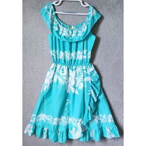 Vtg Royal Princess L Hawaii Dress Tropical Blue White Floral Off Shoulder Ruffle